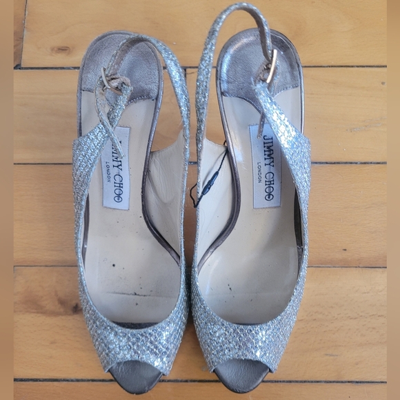Jimmy Choo Silver Peep-Toe Slingback Heels - Picture 7 of 8